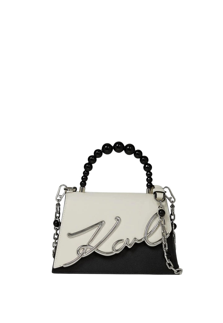 Karl Lagerfeld Sac Bandoulière Signature Perles Cuir Blanc & Noir