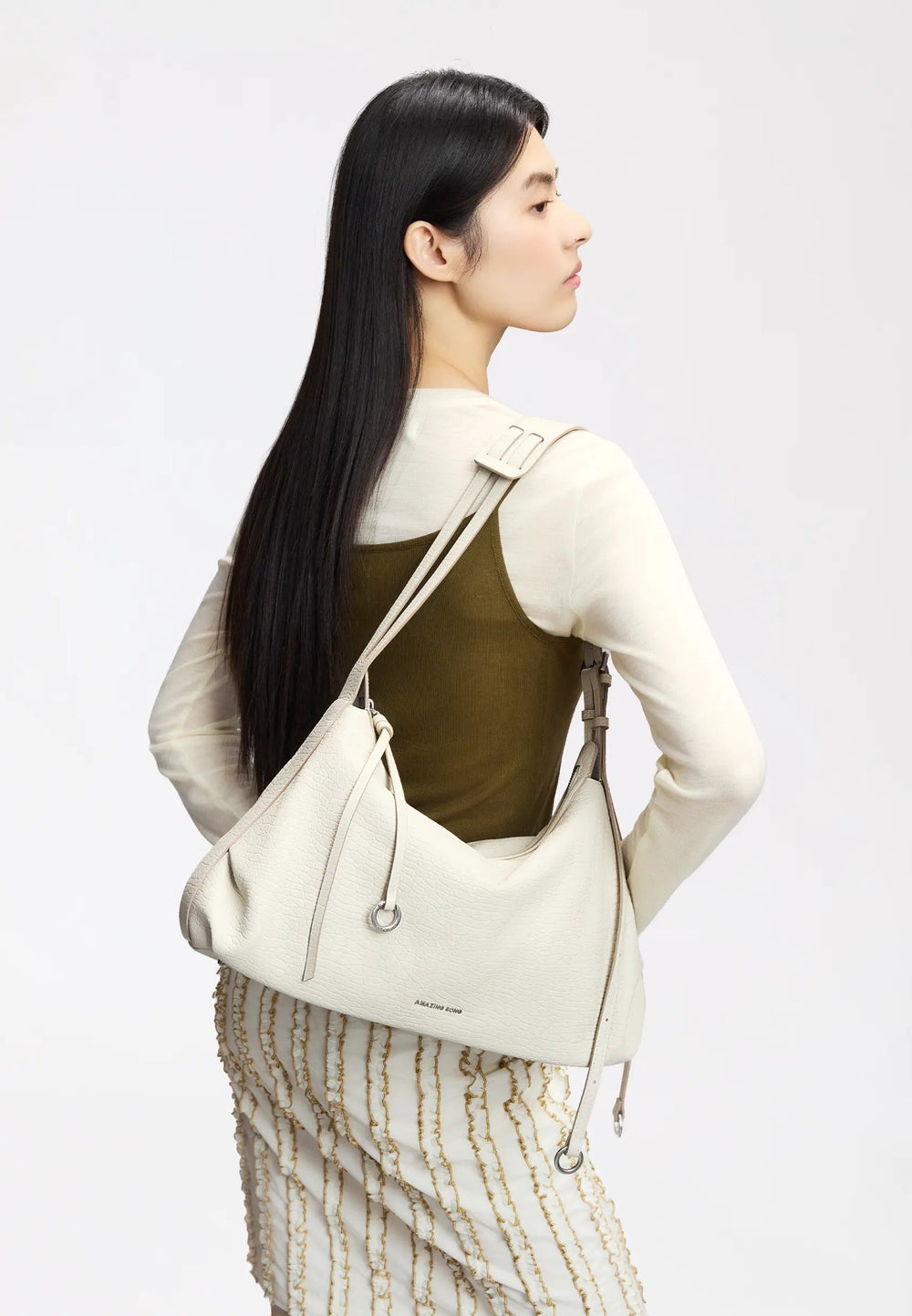 Amazing Song Sac Hobo Donut Large Cuir Fleur Blanc, vue portée