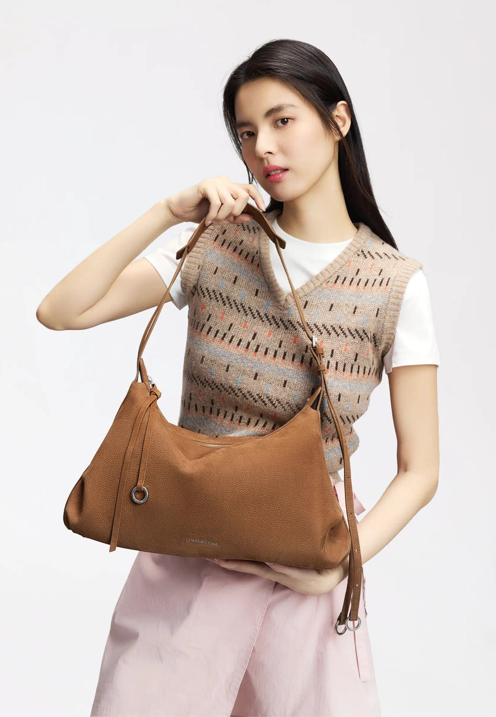 Amazing Song Sac Hobo Donut Large Cuir Fleur Marron, vue portée