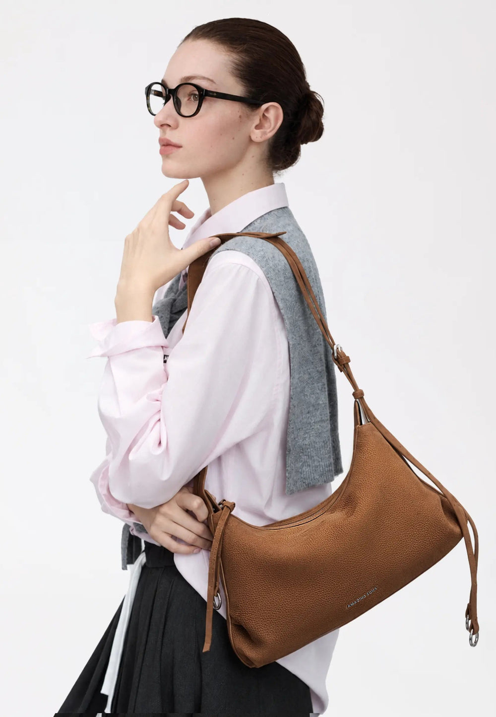 Amazing Song Sac Hobo Donut Small Cuir Fleur Marron, vue portée