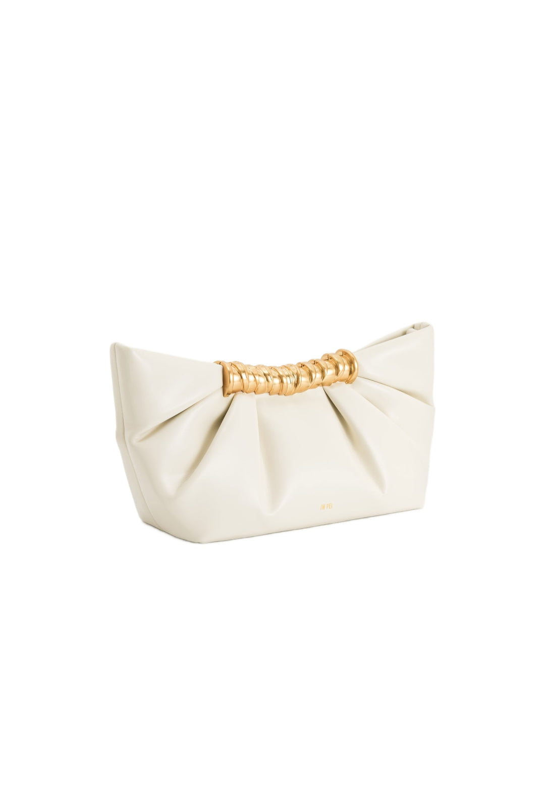 Pochette JW PEI Leia blanche, vue 3/4, avec anse torsadée dorée et logo discret