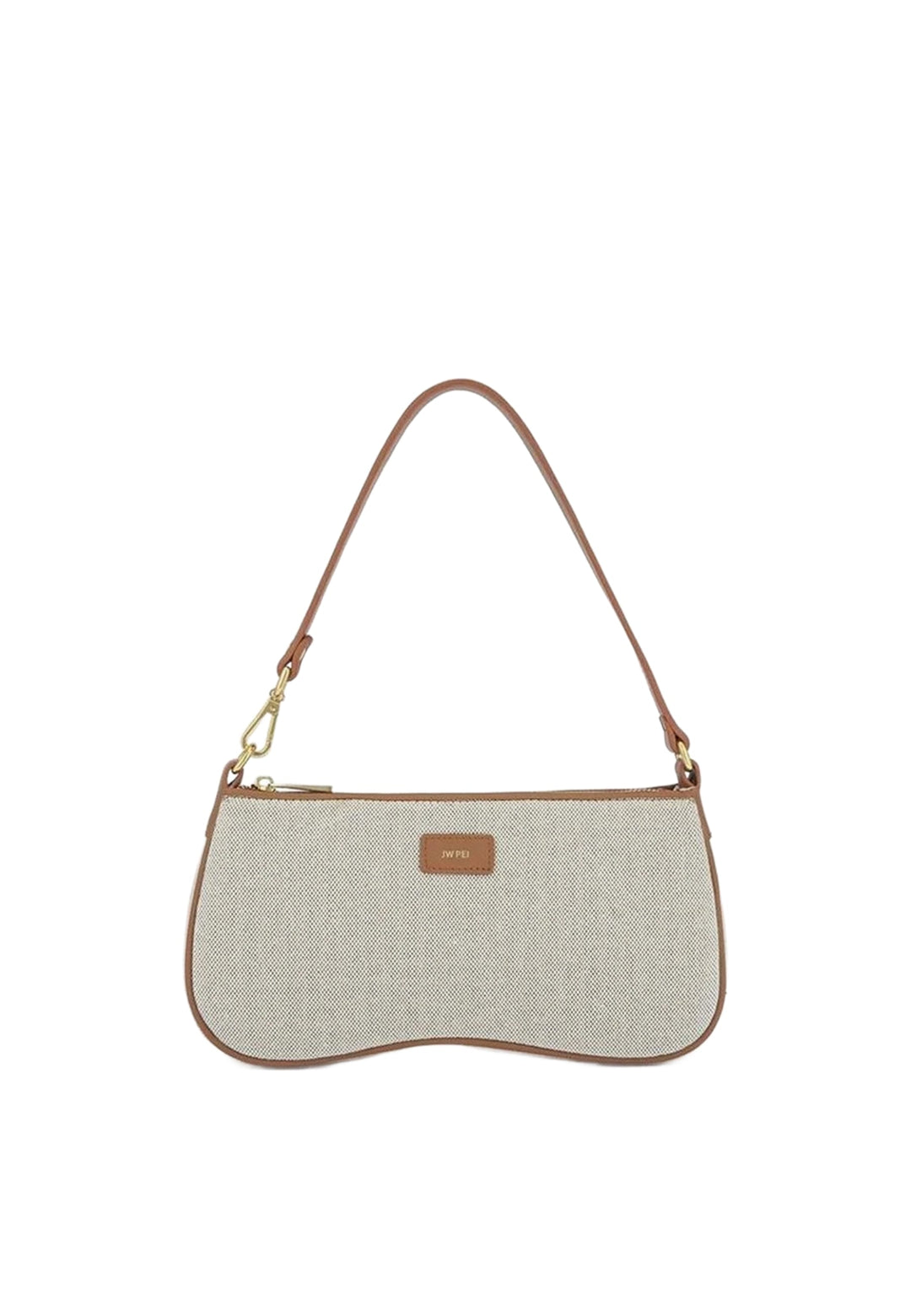 Sac bandoulière JW PEI Eva beige canvas — vue de face, toile texturée et garnitures en cuir marron