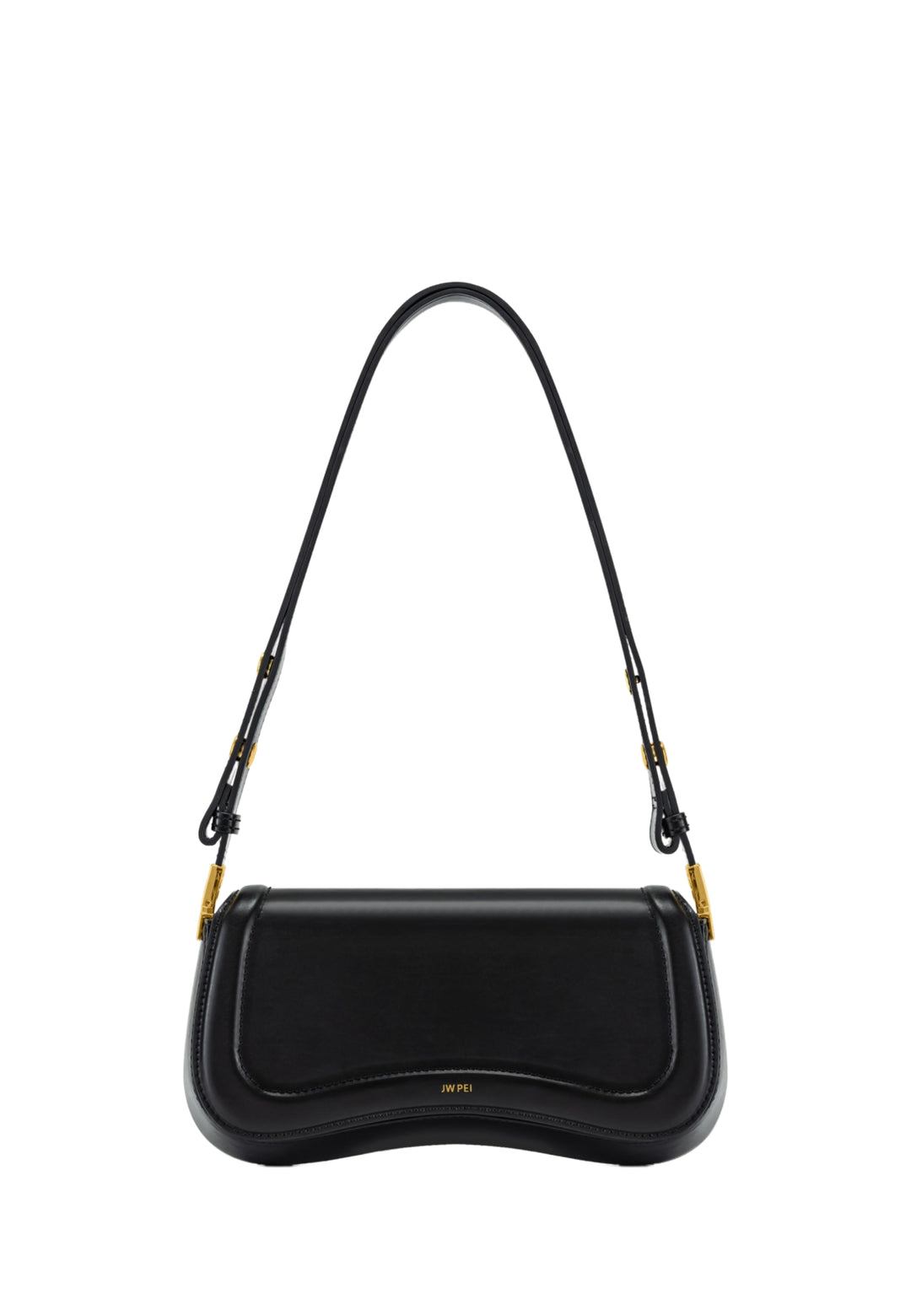 Sac bandoulière JW PEI Joy noir — vue de face, simili cuir lisse avec détails dorés