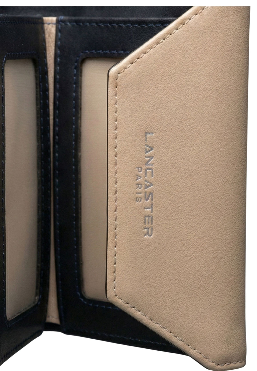 Lancaster Back-to-back Wallet with Flap and Snap Button Smooth Dark Blue - Ecru